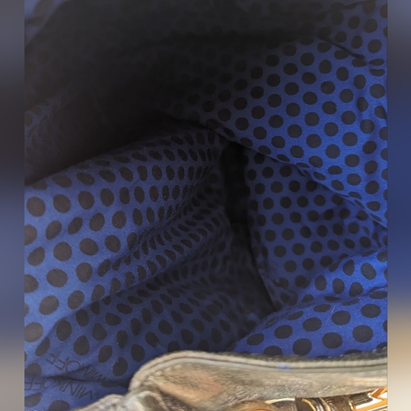 EUC Rebecca Minkoff dark green shiny soft leather interior blue/blk polka dot - Picture 7 of 14